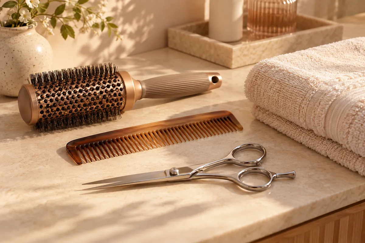 Hairdressing scissors, comb, round brush and towel arranged together