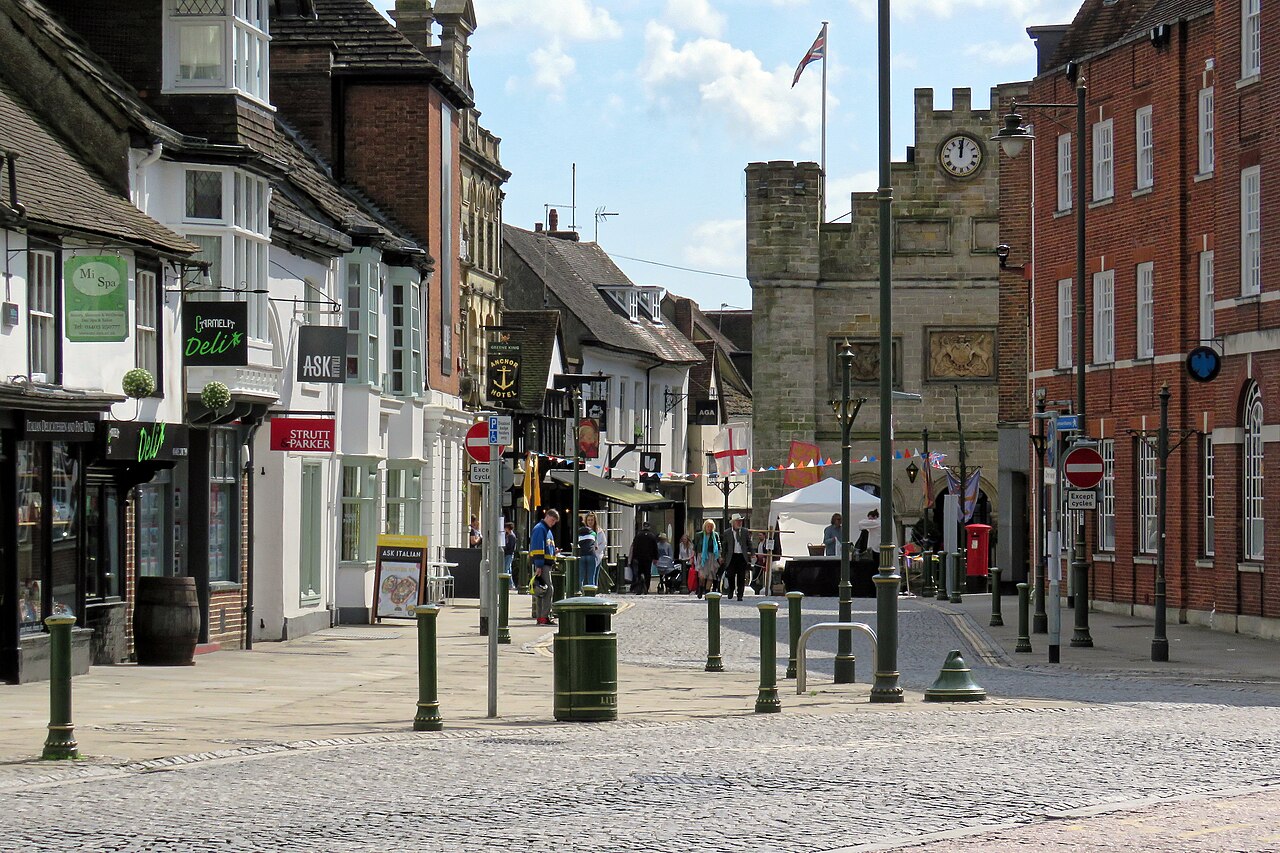 Looking along Horsham Carfax towards the Market Square clock tower